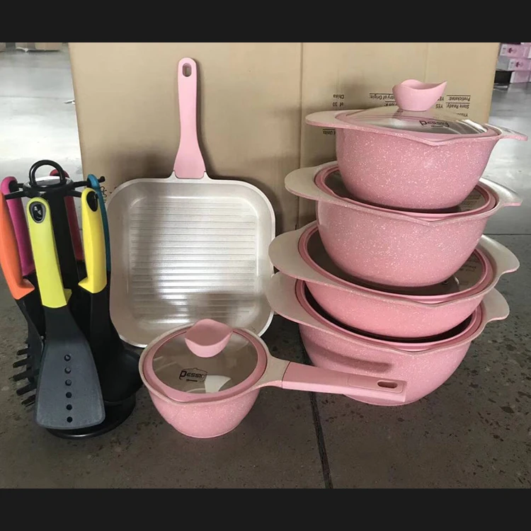 NEW 2021 Food grade dessini 18pcs die-casting aluminium nonstick kitchenware granit marble cookware cook pot 18 set