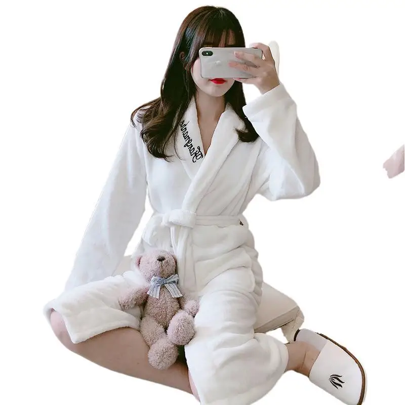 
Good price winter women flannel plus velvet thickening simple pure color bathing home service bathrobes 