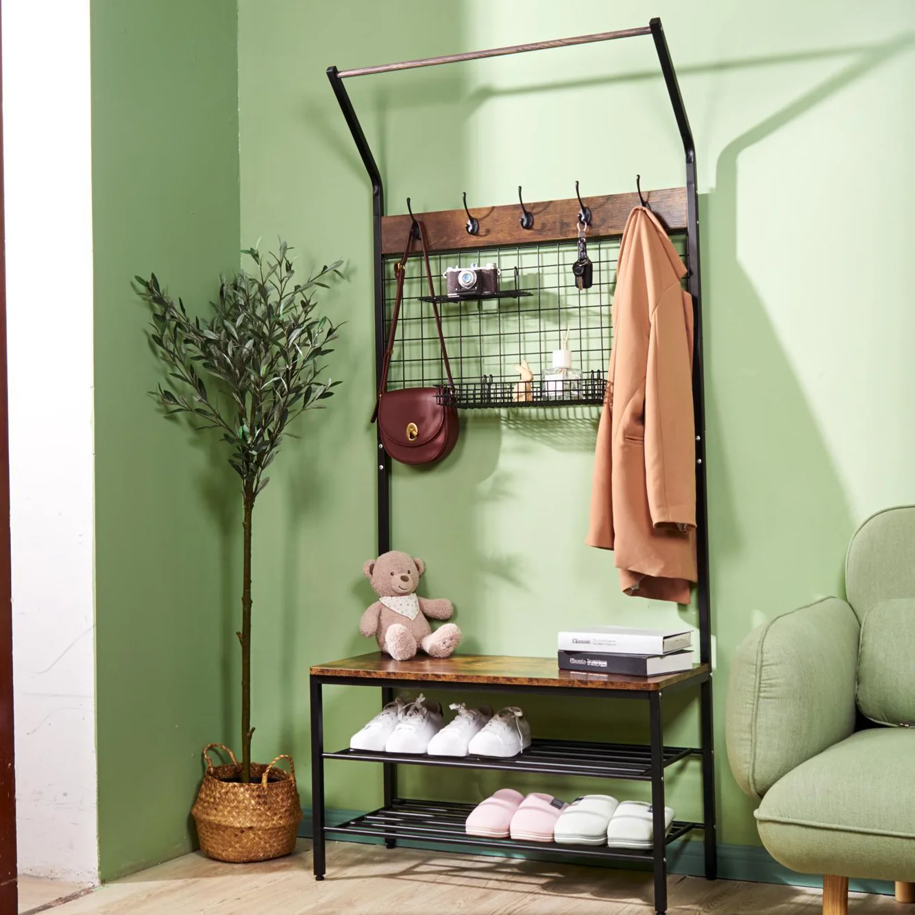 Vintage Furniture 3 Tier Wooden Stand Shoe And Coat Rack With