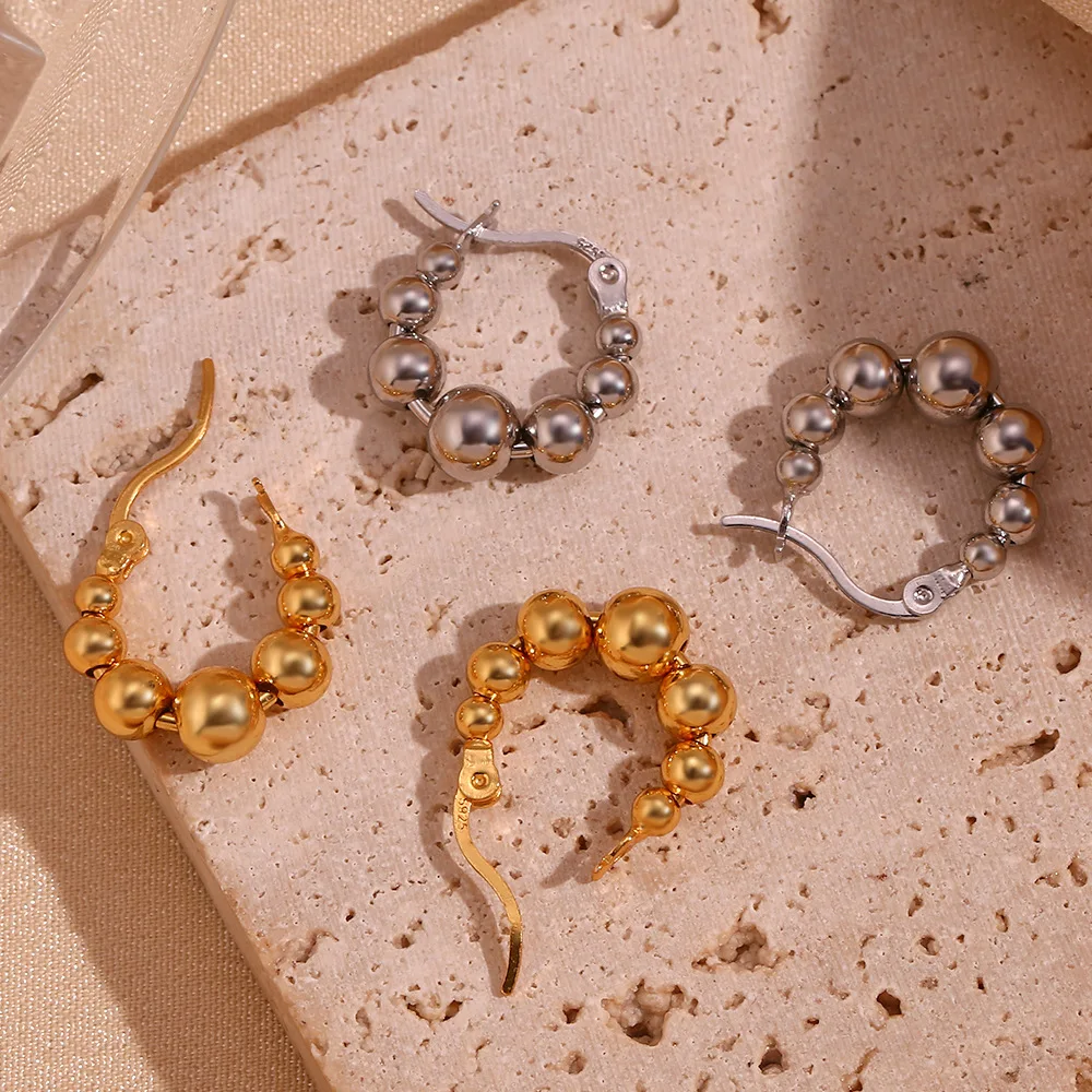 Women Small huggie hoops 18k gold plated earring golden beads hoop earring stainless steel jewelry beaded earrings