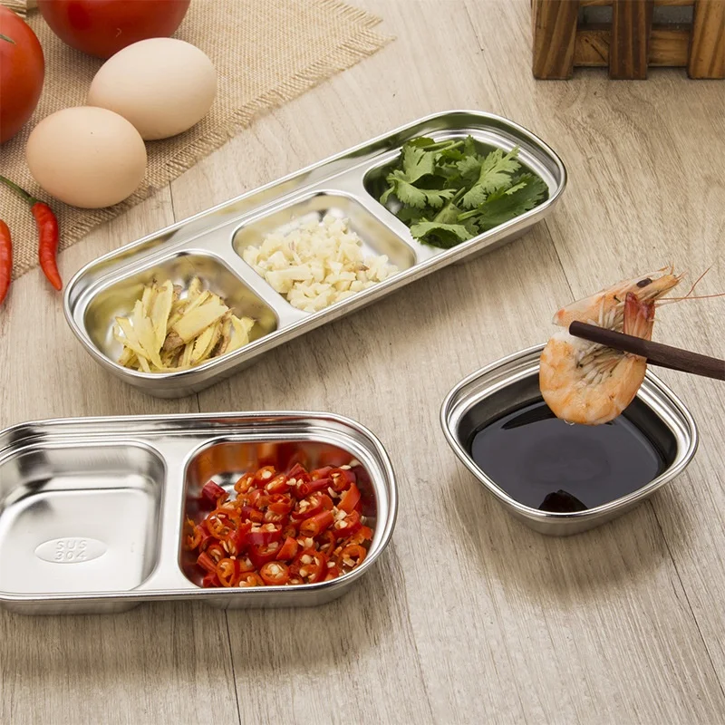 Factory Direct Sale Stainless Steel 304 Spices Small Plates Multi-grid Metal Dish Sauce Salt Seasoning Korean Sushi Sauce Trays
