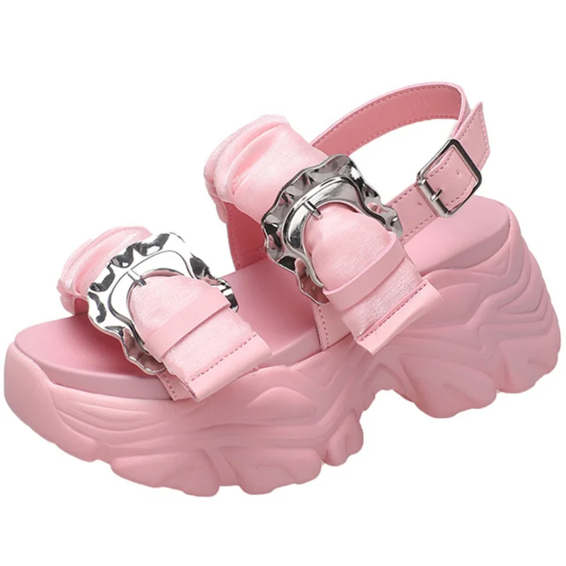 Dropshipping Custom Logo Summer Pink Women Leather Sandals Fashion Designer Ladies Platform Chunky Wedge Heel Sandals