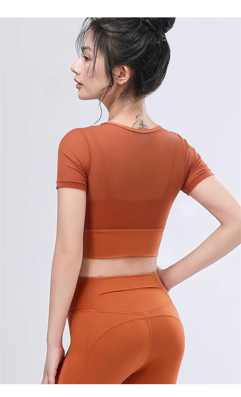 P177 Custom Women Yoga Tops Mesh Layer Soft Spandex And Nylon Sport Top Breathable Slim Fit Workout Shirts
