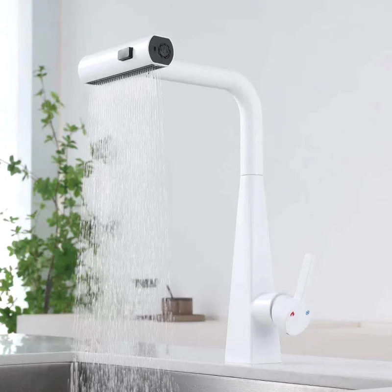 Household kitchen brass hot cold mixed water sink pull-out splash-proof telescopic three-outlet function faucet kitchen tap