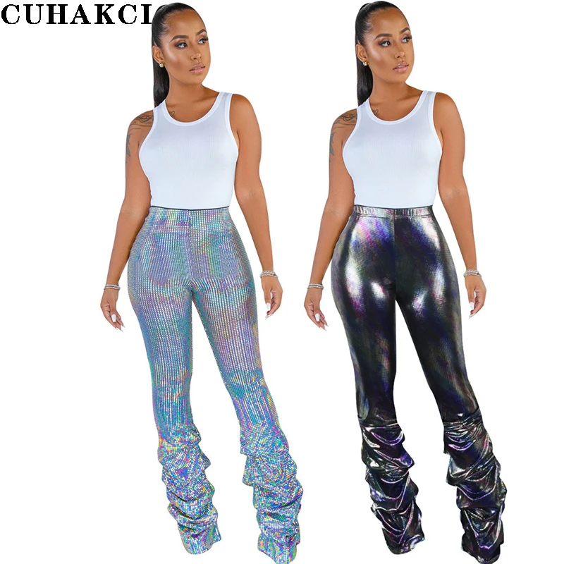 Adult Women Rhinestones Flared Trousers Club Nightclub Party Fold Pendulum Pants Sequins Fish Scales Knickered Ladies