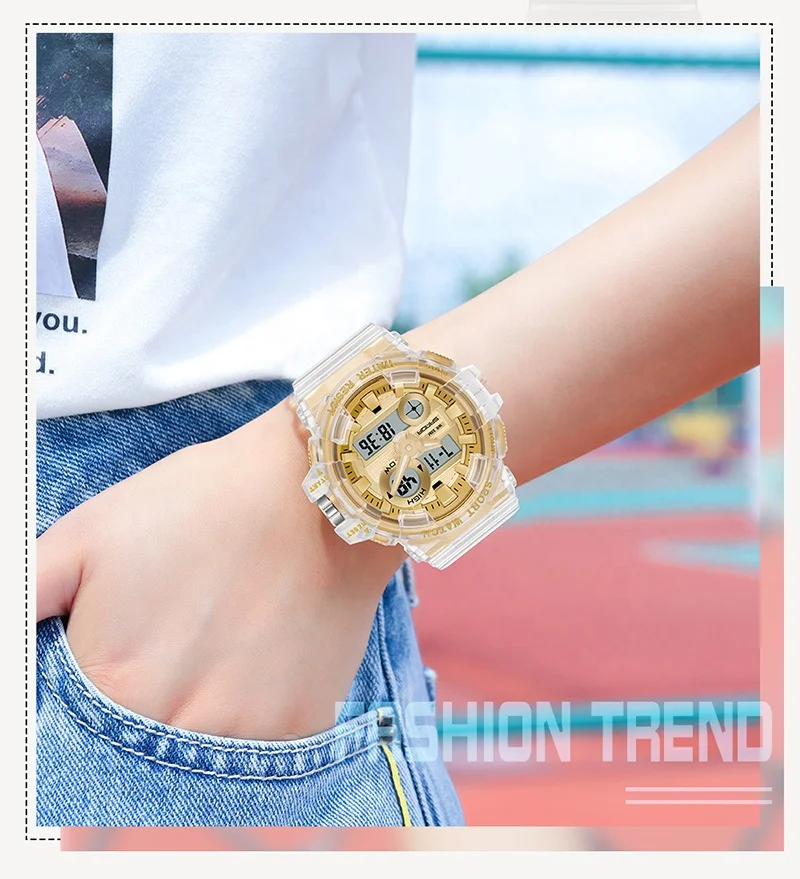 Sanda  3100 multifunctional student electronic watch, youth sweet fashion transparent wristwatch outdoor sports waterproof watch