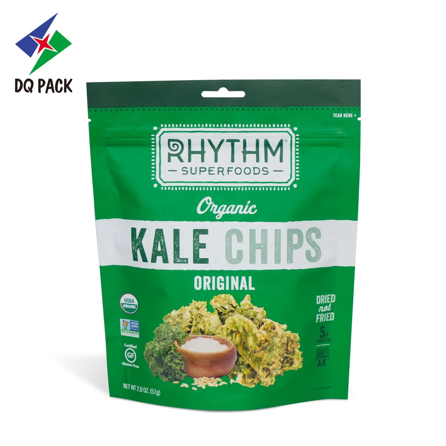 DQ PACK Custom Printed Stand up Pouch PET/PP Plastic Foil Zipper Bag for Kale Chips with Custom Logo