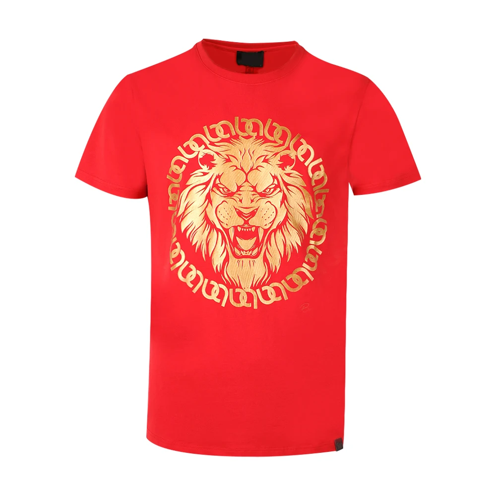 Fashionable lion casual men red t shirts with logo custom logo printed for daily wear