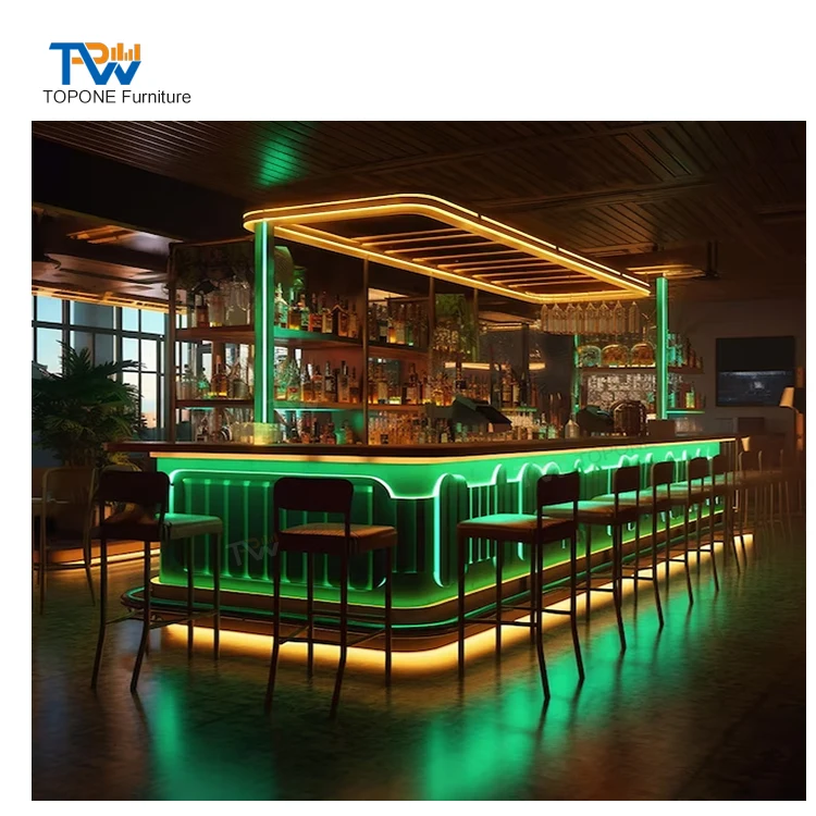 Customized Modern Luxury Bar with Metal LED Light Club Bar Counter Hotel Lounge Commercial Pub Bar Counter