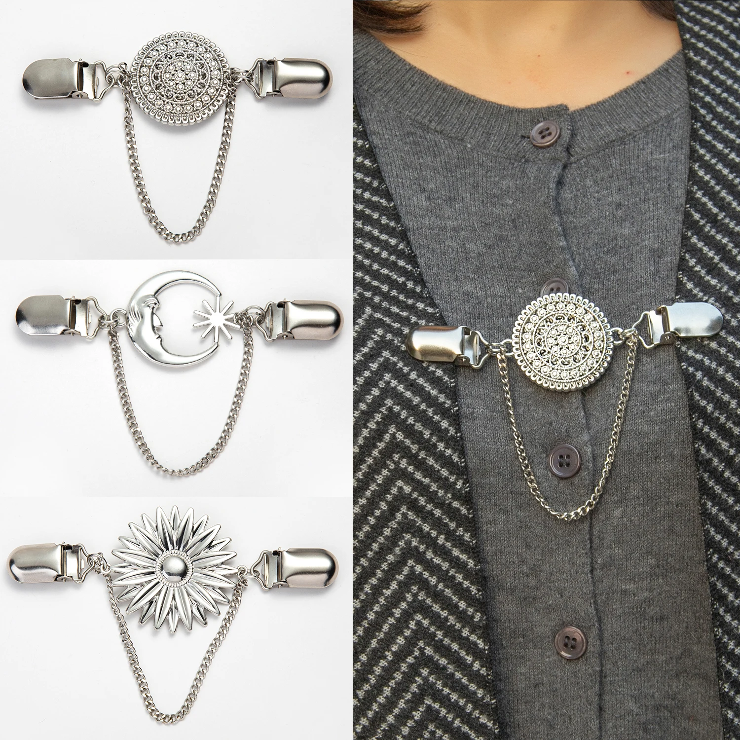 3pc Exquisite Rhinestone Sweater Clip Set - Versatile Alloy Cloak Clasp with Chic Scarf Buckle Function - Fashion Accessory