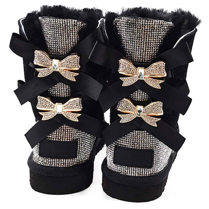 Wholesale fashion ladies sheepskin kids women winter snow ribbon fur boots with bows 2023 snow boots