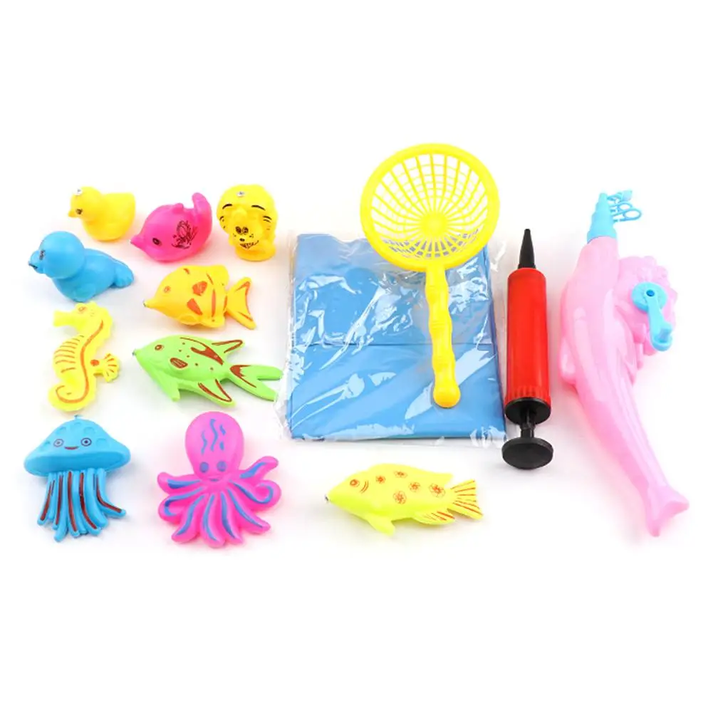 
14PCS/Set Floating Fishing Game Kids Bath Toys Fishing Magnetic Toys Inflatable Swimming Pool Bathtub Toy Set 