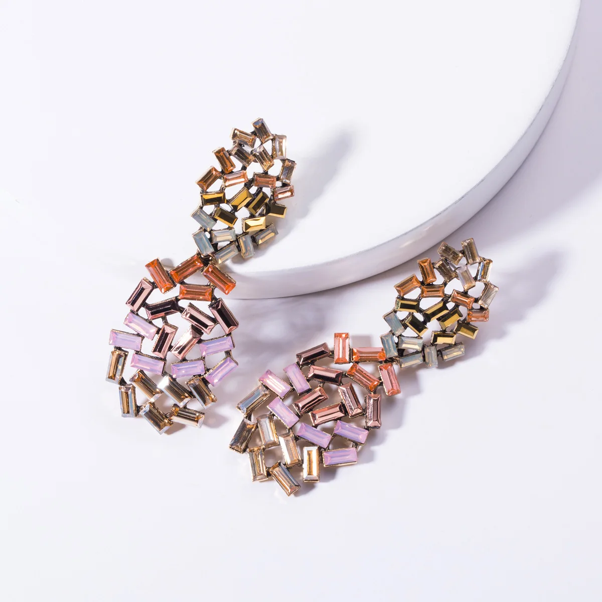 Personality Statement Irregular Oval Glass Drill Earrings Fashion Women Hollow Square Rainbow Crystal Earrings