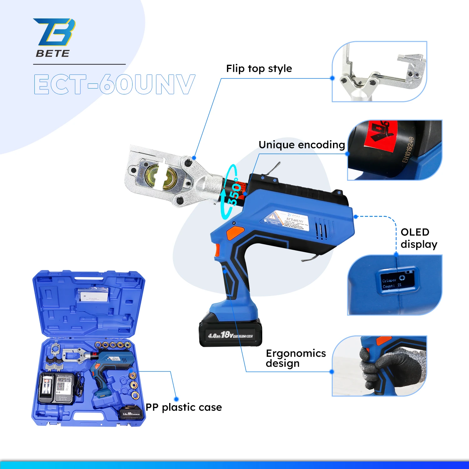 ECT-60UNV Multifunction 360 Degree Rotation 6 Ton Hydraulic Cable Electric Crimping Tool