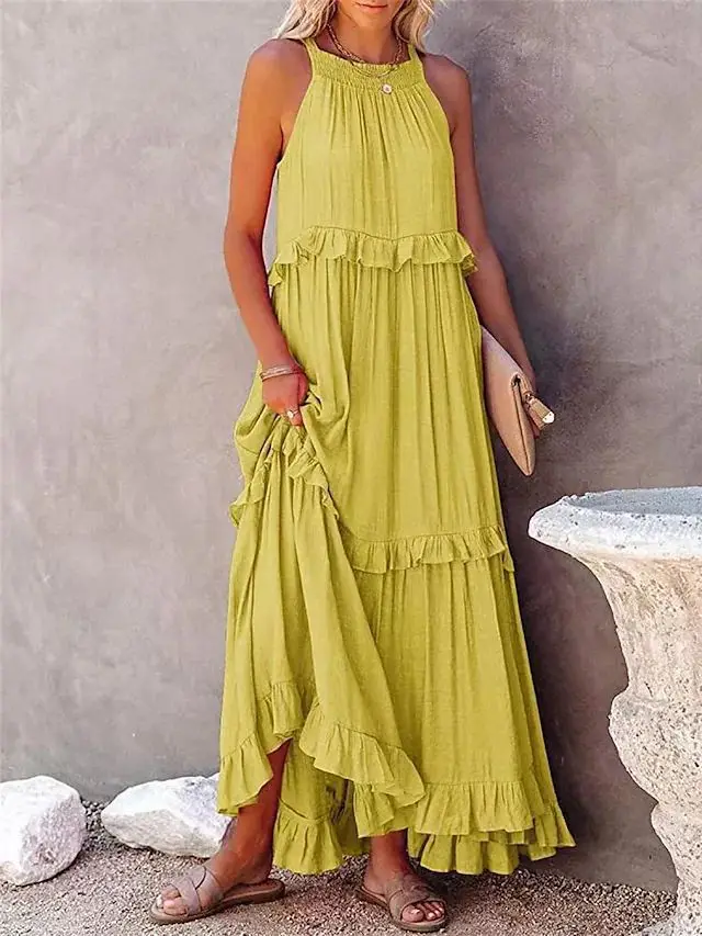 Best Selling Products Casual Summer Beach Sundress Women Halter Pockets Ruffle Long Maxi Cotton Linen Boho Dress