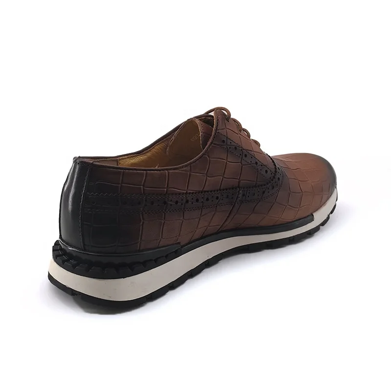 Best Seller Retro Crocodile Lace Up Pointed Casual Genuine Leather Brown Colored Sneakers Walking Office Party Dress Men Shoes