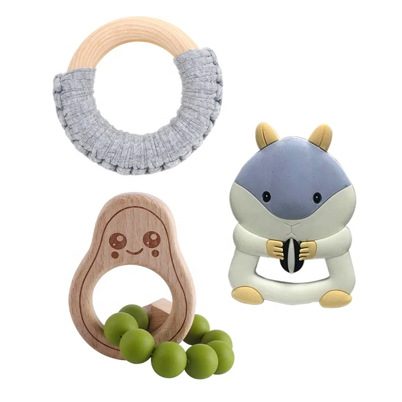 Wooden Teether Ring Pacifier Christmas Custom Sensory Crochet Baby Teether Silicone Beads Toy Wooden Silicone Baby Teethers