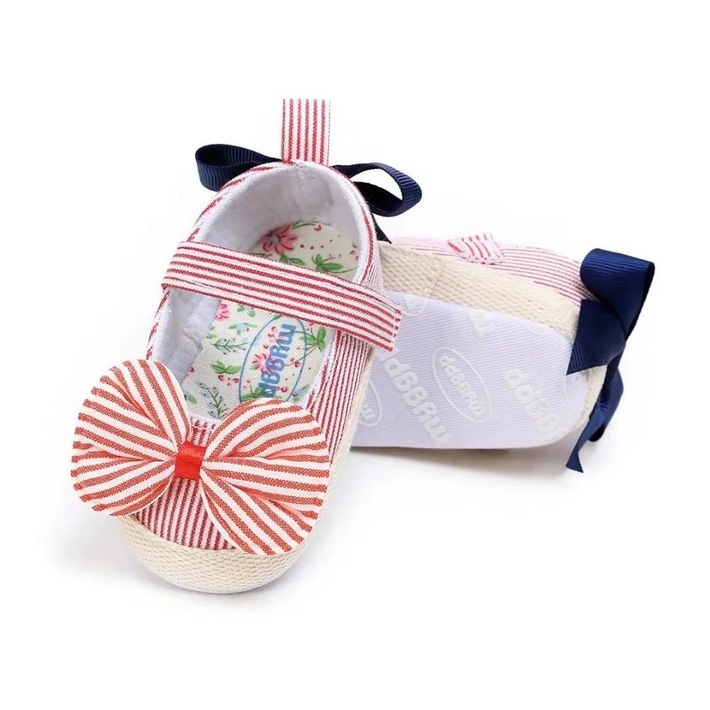 Fancy Infant Ribbon Bow Striped Baby Fabric Toddler Girl Dress Shoes