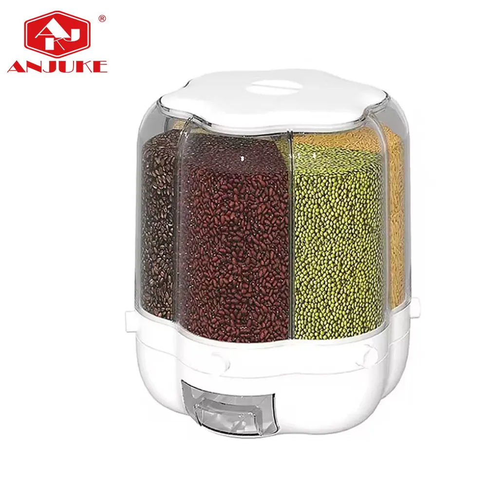 ANJUKE 6 Grids Rotating Cereal Grain Kitchen Storage Container Rice Dispenser 360 Rotating Food Grain Dispenser