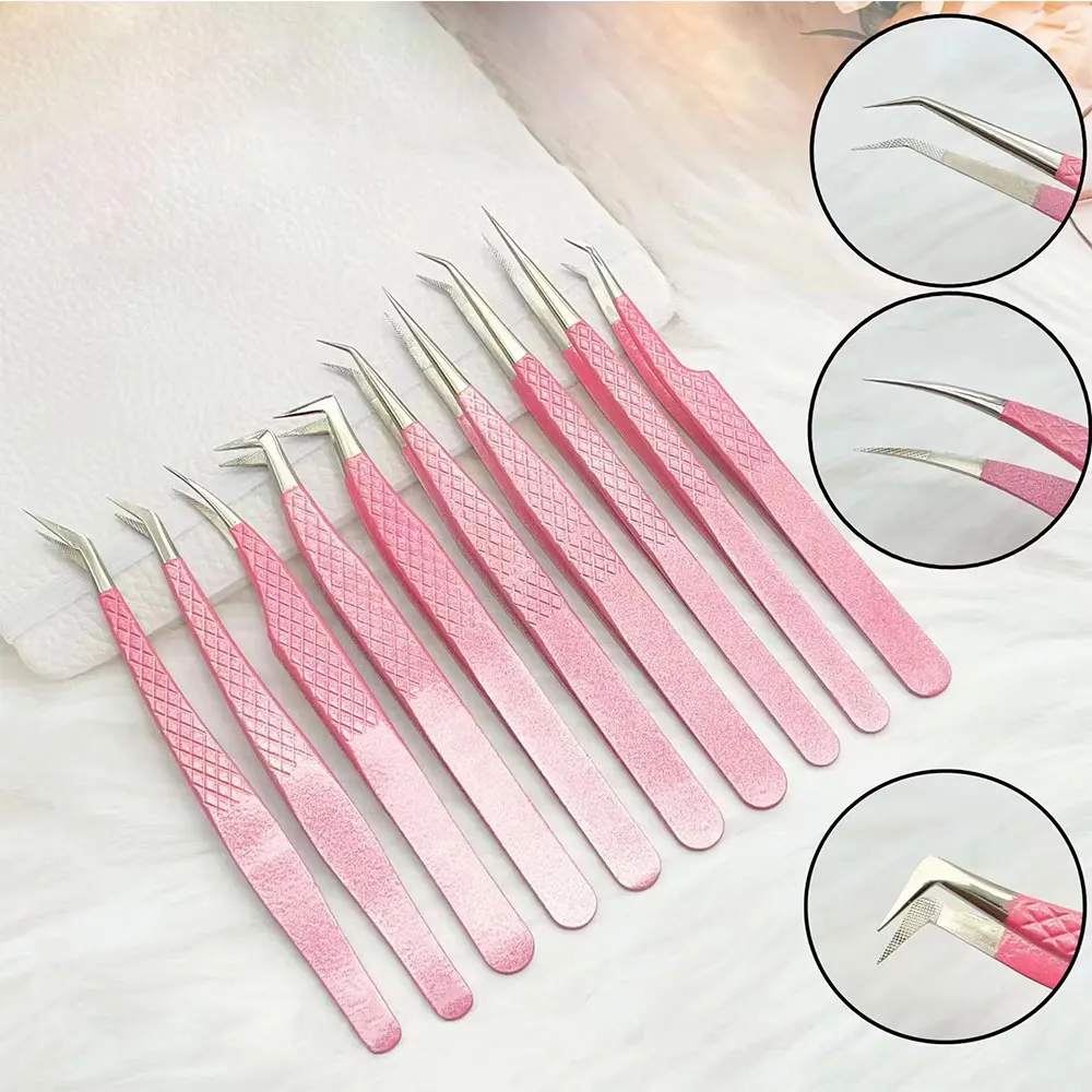 Diamond Grip Lash Tweezers Private Label Pink Stainless Steel Fiber Tip 45 90 Degrees Volume Tweezer For Eyelash Extension