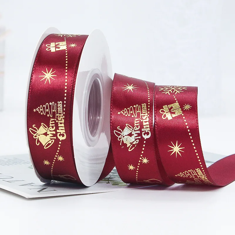 E-Magic Wholesale Christmas Snowflake Satin Ribbon Red Gold Foil Printed Webbing Christmas Ribbon For Crafts Xmas Gift Box