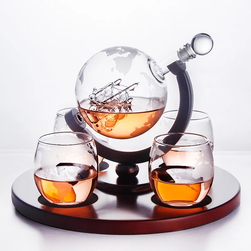 Disc wooden decanter set high borosilicate glass wine bottle with cup tray set