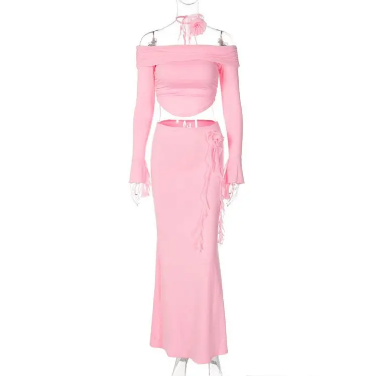 Floral Bodycon Dress Set Women Slim Fit Sexy Backless Lace Top Party Elegant 2 Piece Outfit
