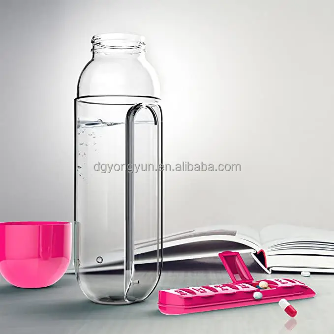 Portable Water Bottle Weekly Pill Cup Case , travel Multi Function Pill Bottle, Outdoor 7 Compartments pill Organizer box 20oz