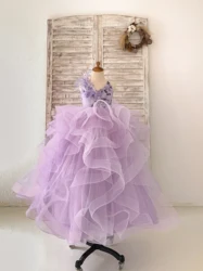 Lavender Tulle 3D Beaded Lace Wedding Flower Girl Dress Kids Party Dress Princess Birthday Gown Puffy Couture Dress