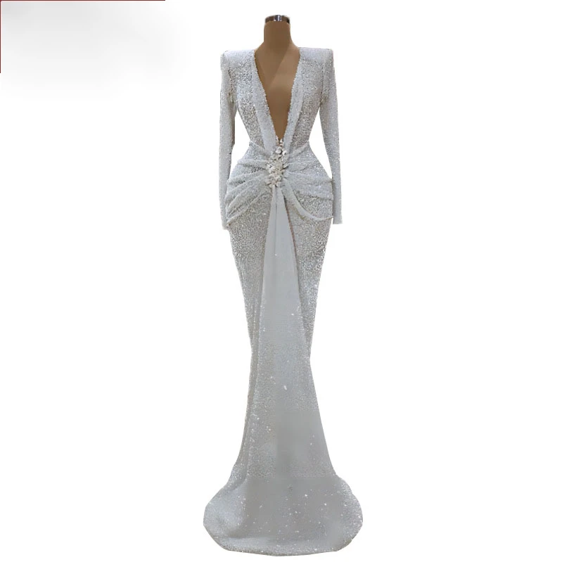 2023 New Arrival Elegant Banquet Wear Evening Dress White Long Sleeves Luxury Deep V-neck Sequined for Ladies Full Summer Sexy
