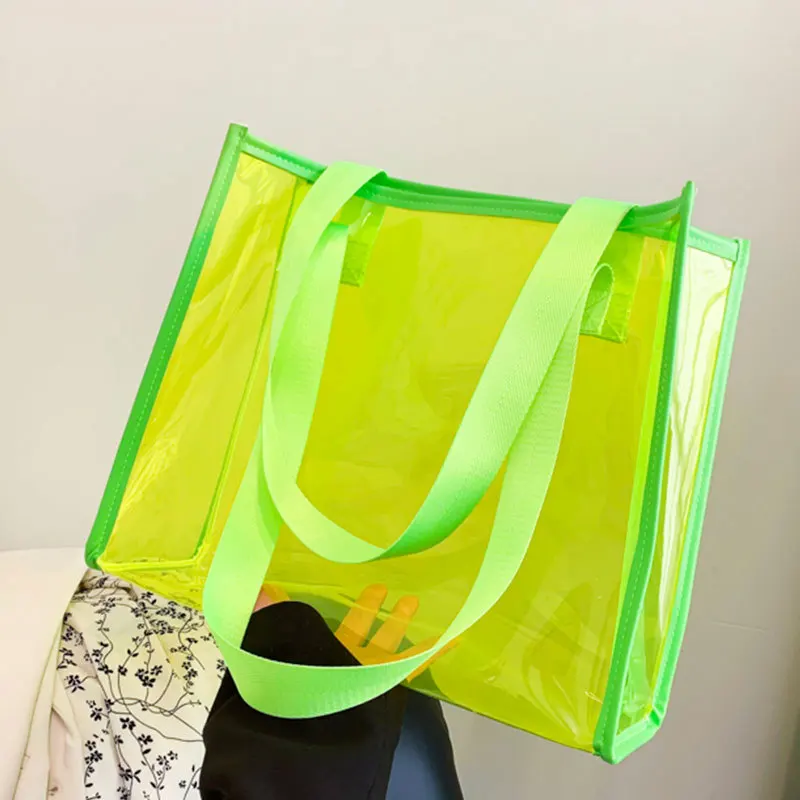 Colored PVC Shopping Bag Customized Logo PU Tote Bag Transparent Beach Shopping Tote with PU Leather Handle Neon Pink