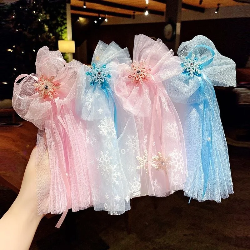 New Style Ice Princess Crown Hairpin Snowflake Bow Ribbon Hairpin Blue Crystal Girls Hairclips For Children