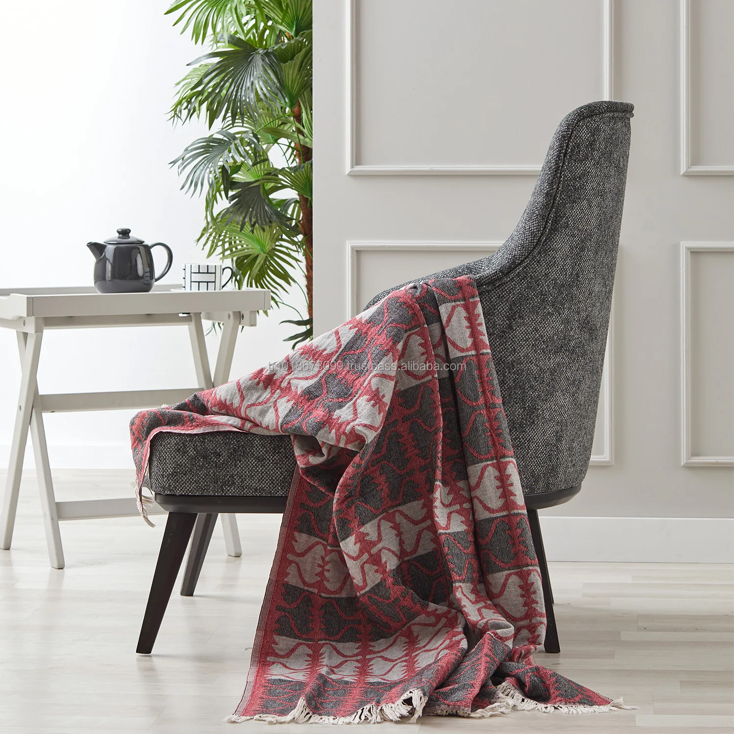 Wool Cotton Blend Turkish towel throw, beach blanket, pestemal, hammam - Dark Gray