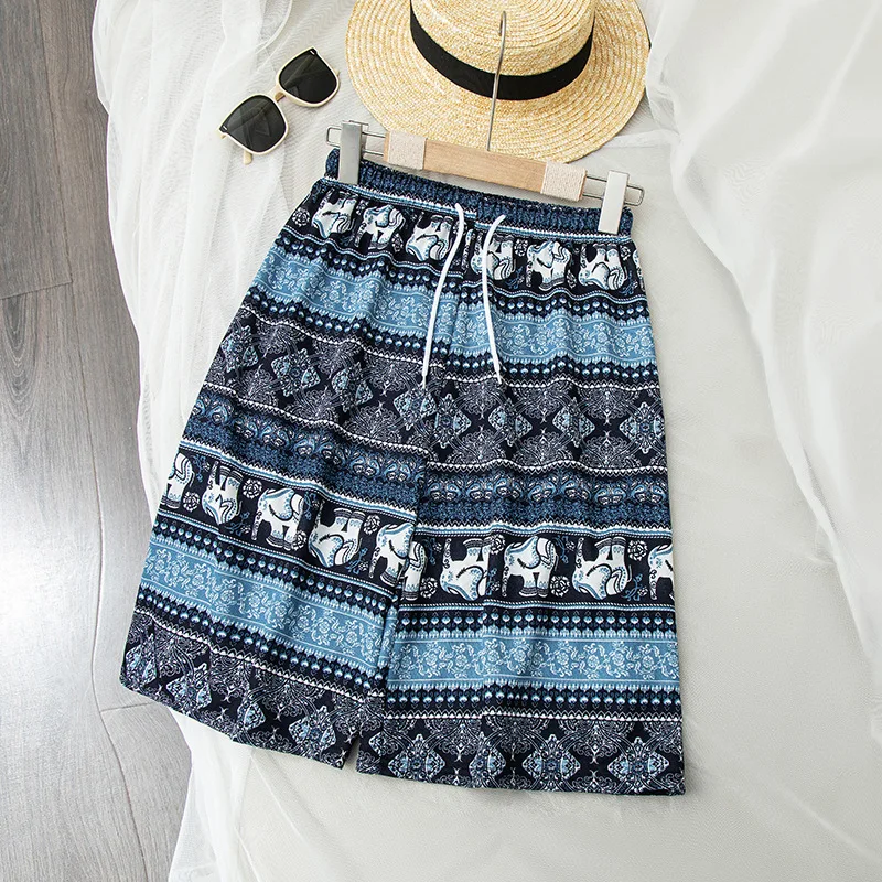 wholesale elegant printed summer women elastic waist wide leg pants casual short pants loose beach women shorts
