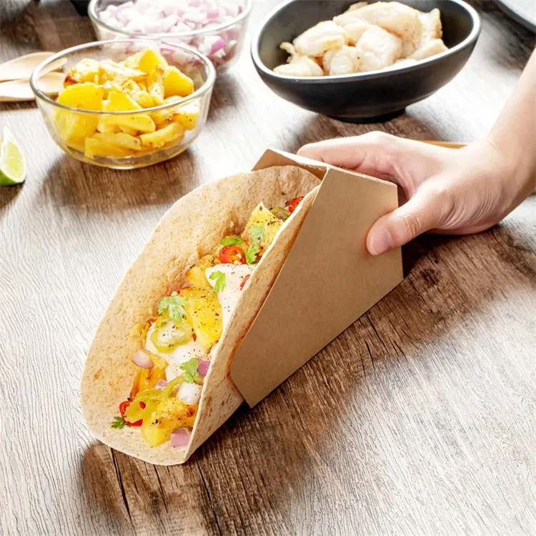 Custom Pattern Printed Disposable Coated Food Safe Paperboard Taco Holder Box