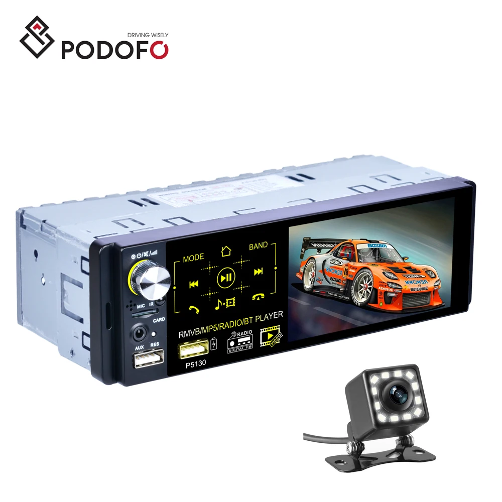 Podofo Car Stereo 1 Din 4.1' HD Capacitive Touch Screen Car Radio Auto FM/AM/RDS BT + Control & Microphone +12 Led Rear Camera