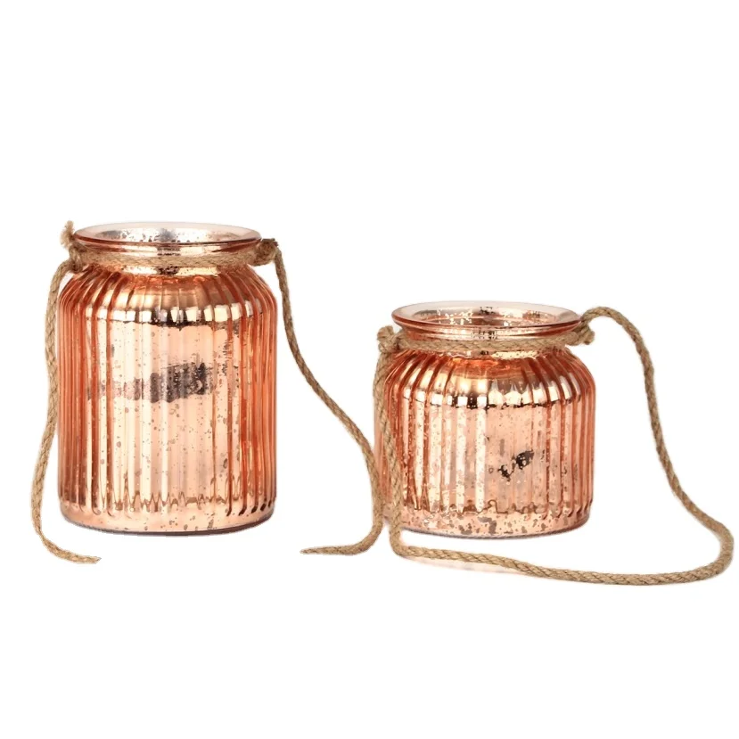 
Custom Rose Gold Ribbed Glass Jars For Candle Making With Hemp Rope Handle 