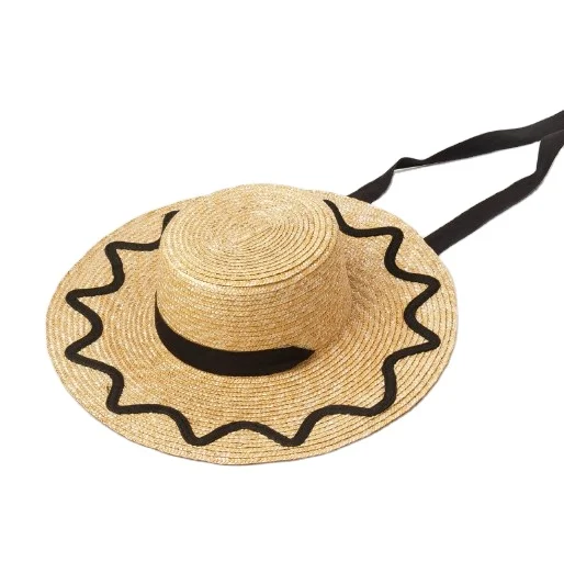 UV Protection Strip decoration Wide Brim Straw Boater Hat With Bandage For Children