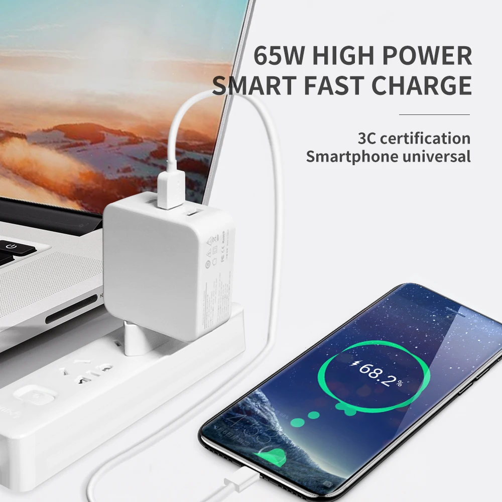 USB C Wall Charger 65W Fast Portable 3 Port Charger USB-C QC PD 3.0 Power Adapter Type C Charger