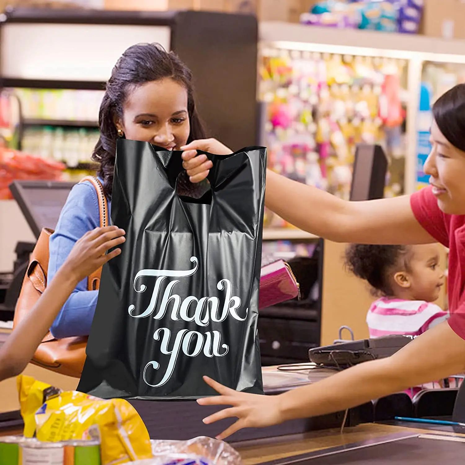 Custom Logo Matte Black Clothing Packaging Bag Recycle Lpde Plastic Retail Die Cut Bag With Handle