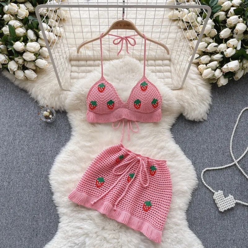 Cute Women Beach Knitted Halter Backless + Mini Skirt + Hair Bow Fashion  Strawberry Beach 3 piece Skirt Set
