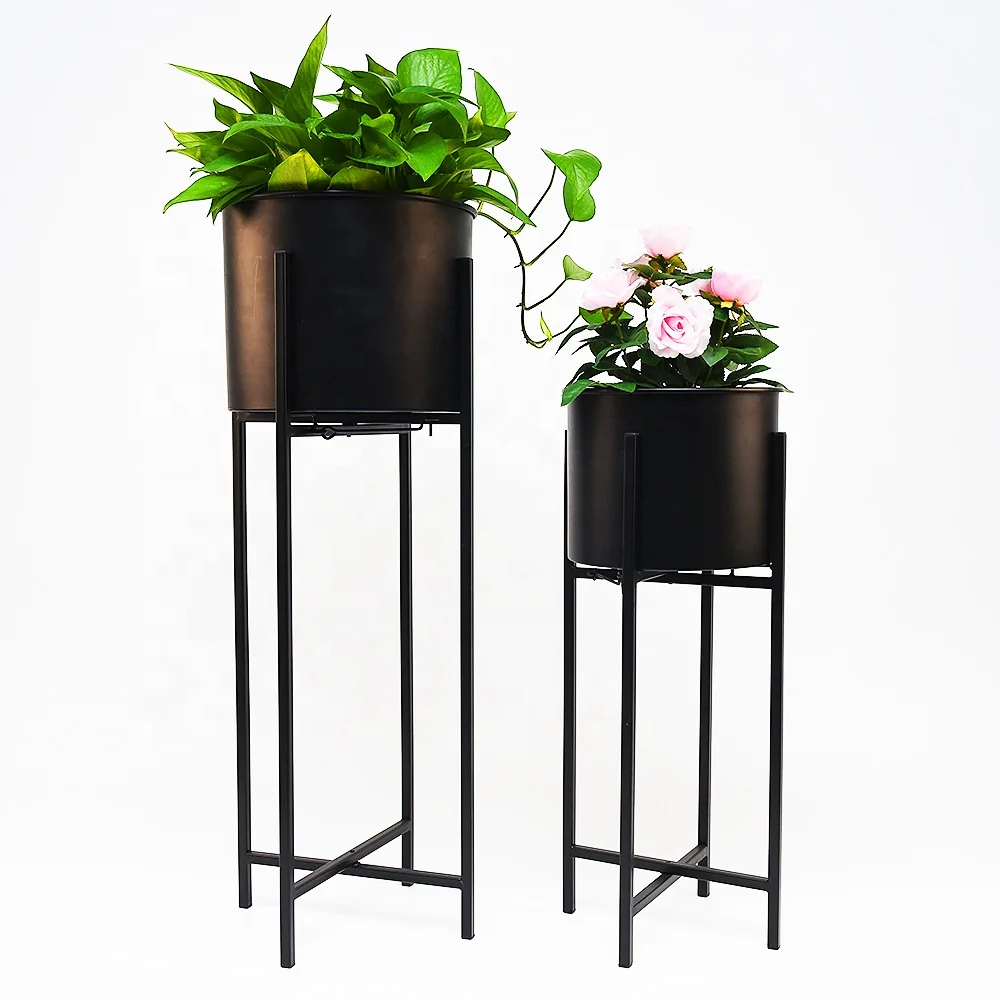 Wholesale custom folding racks cylindrical iron flower pots metal plant stand with pot