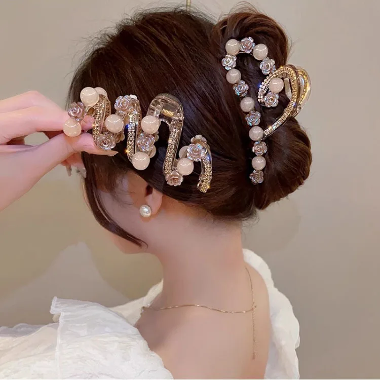 Light Luxury Flower Round Bead Rhinestone Grip Clip Korean Version Heart-shaped Diamond Hair Clip Headpiece for Women