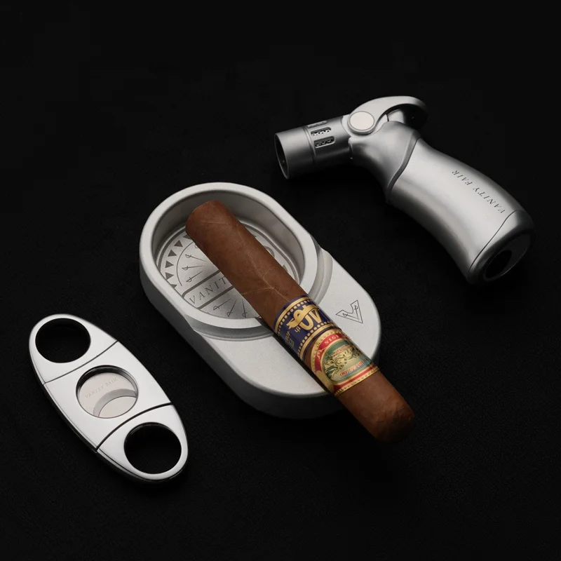custom logo cigar lighter and cutter black melamine cigar ashtray cigar gift set