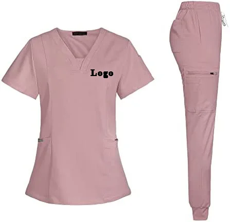 Cotton Scrub Suit Set for Women Modern V-neck Drawstring Jogger Pants Medical Nursing Uniforms Set