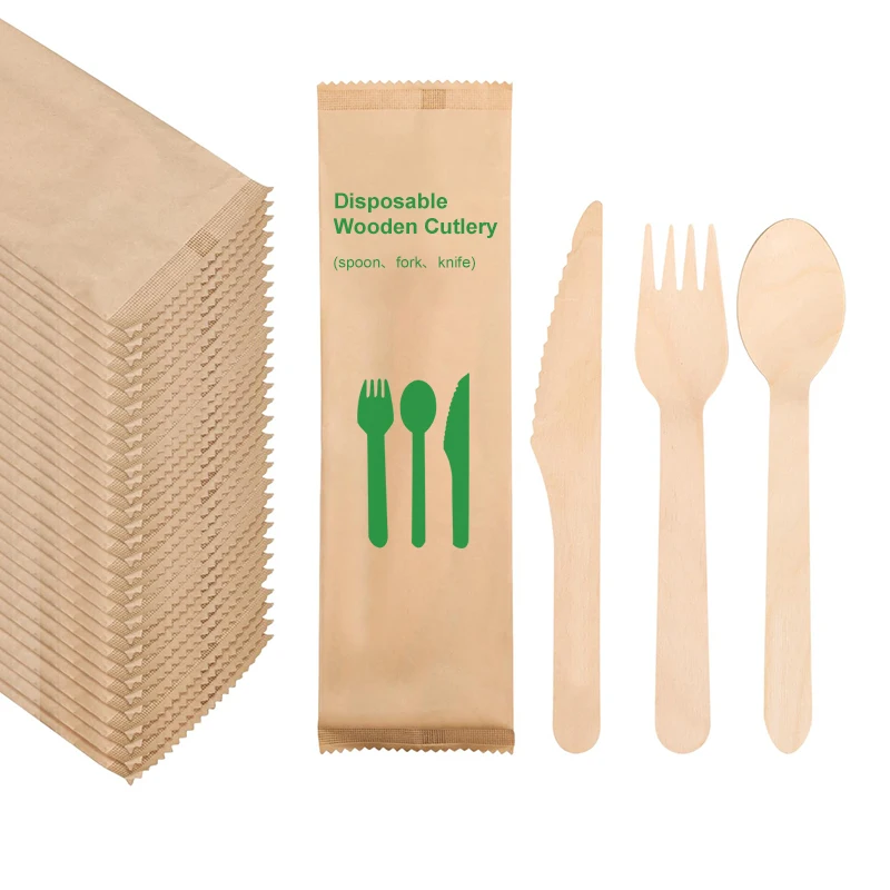 Customized Logo Biodegradable Free Degradable  eco friendly wooden spoon knife and fork wooden disposable cutlery set