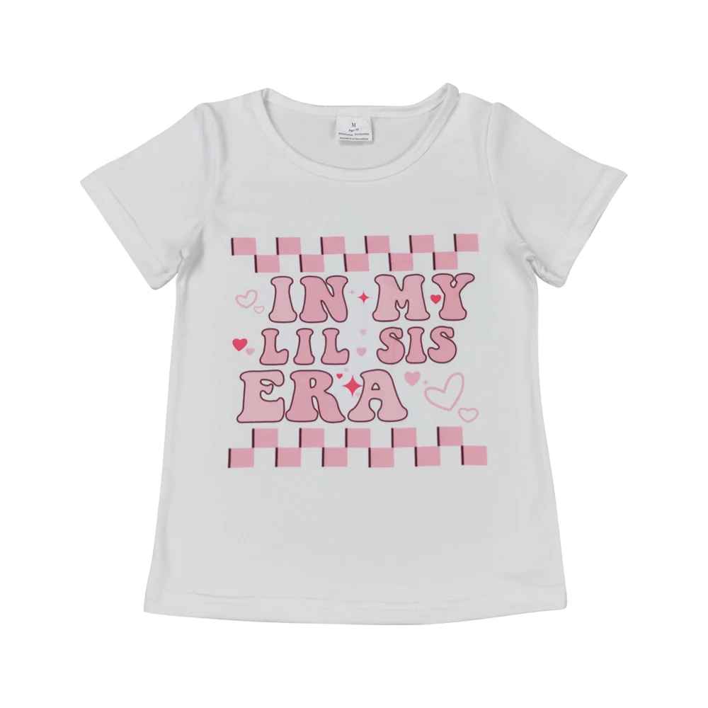 GT0557 in my lil sis era letters pink and white plaid short-sleeved top high quality wholesale children boutique clothing