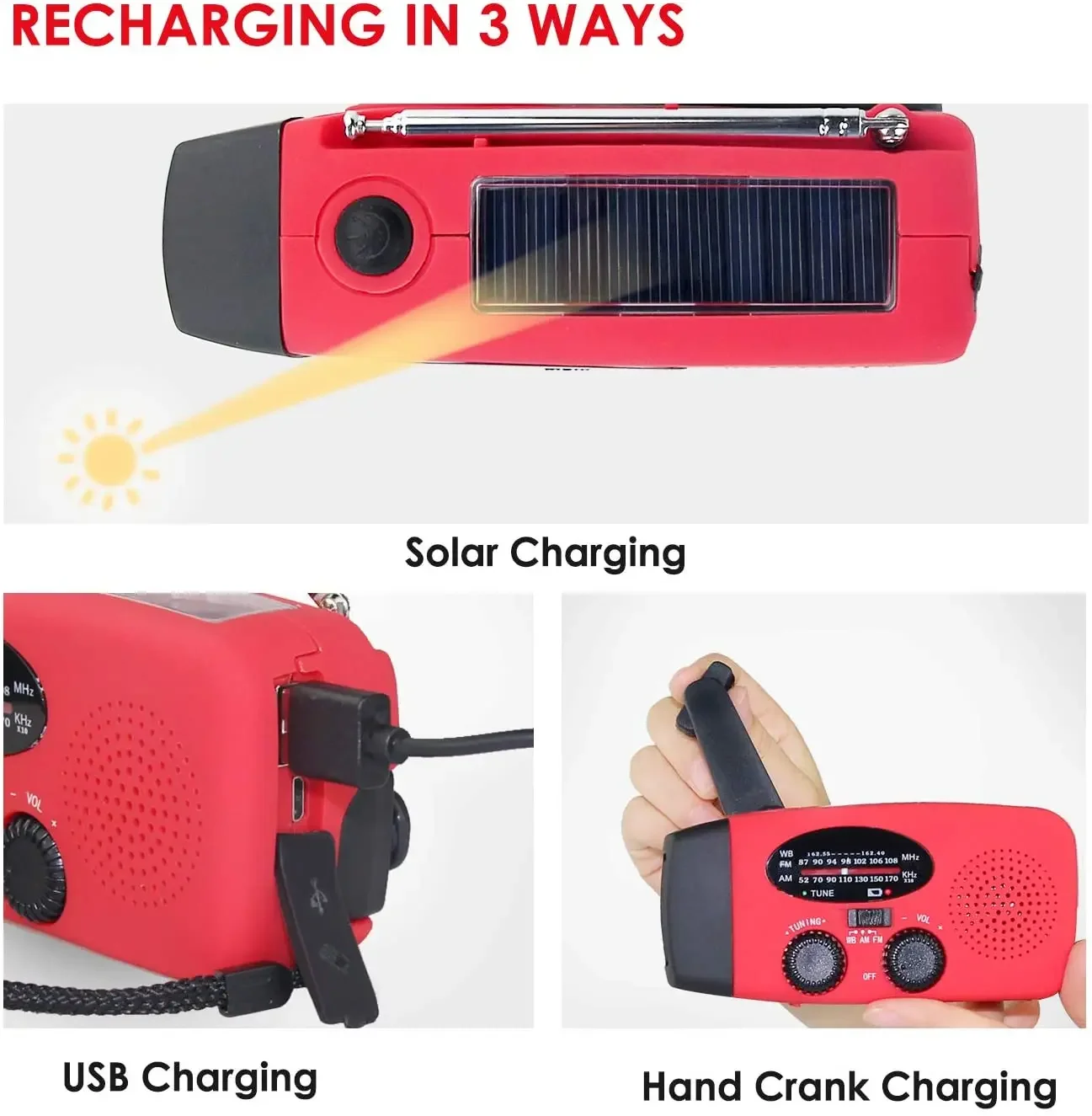 2000mAh Portable Rechargeable Emergency Solar Hand Crank Radio WB/NOAA with Phone Charger and LED Torch FM Emergency Radio