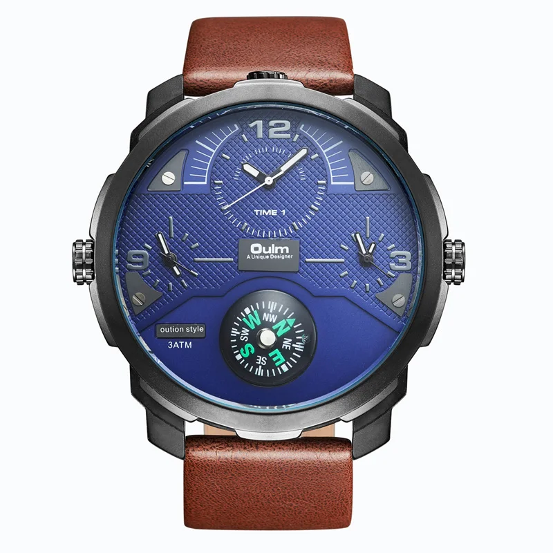 Oulm Fashion Big Dial Man Wrist Watch Men Military Dual Time Zone Casual Leather Watch Male Clock Relogio Masculino