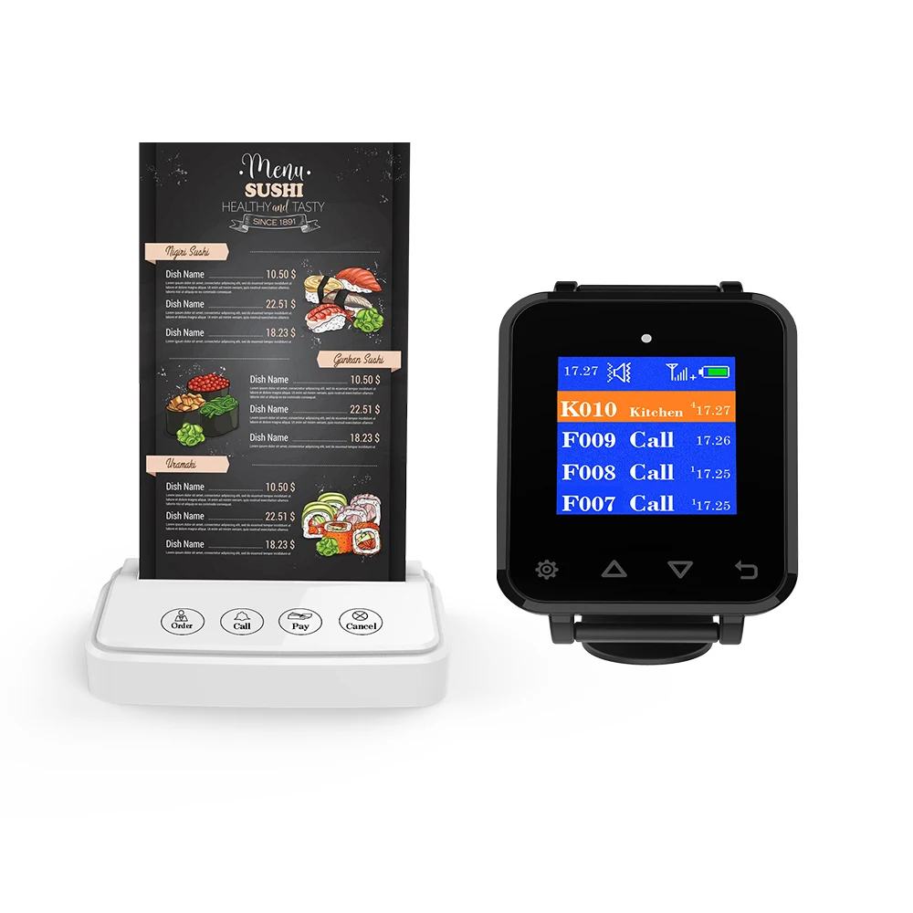 Artom Wireless menu stand call system with waterproof watch receiver set in different language